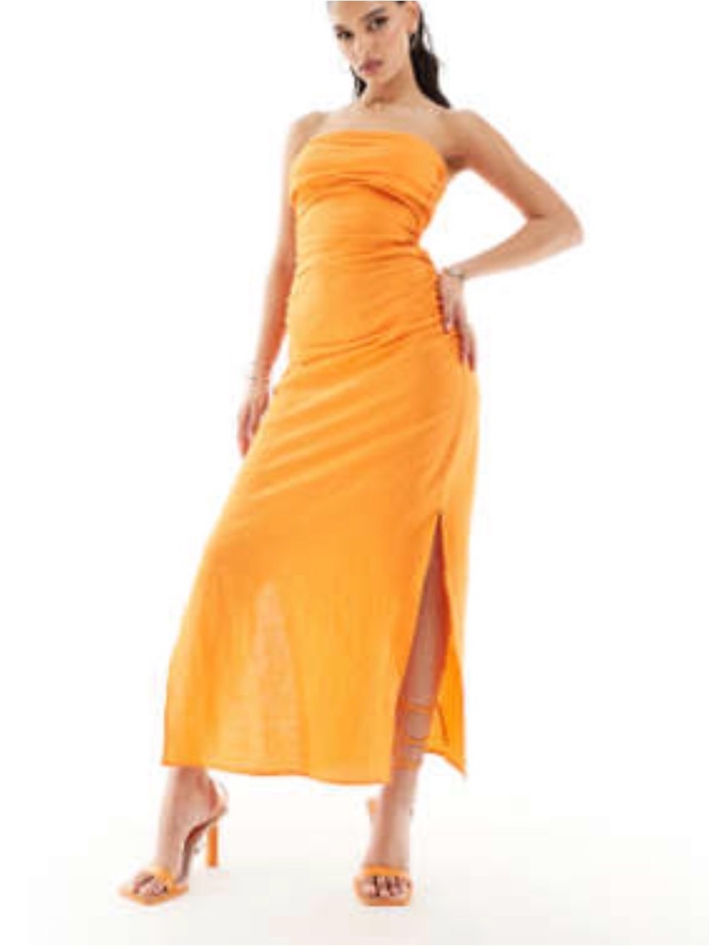 Strapless Orange Ruched Maxi Dress with Side Slit